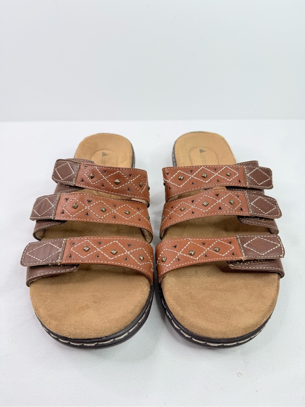 Cushionaire Three-Strap Studded Brown Slide Sandals Size 10
